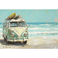 Vintage mint green camper van with a surfboard on its roof beside turquoise ocean waves, painted in a retro coastal style.