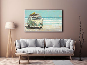 Vintage mint green camper van with a surfboard on its roof beside turquoise ocean waves, painted in a retro coastal style.