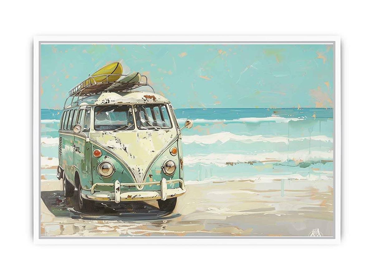 Vintage mint green camper van with a surfboard on its roof beside turquoise ocean waves, painted in a retro coastal style.