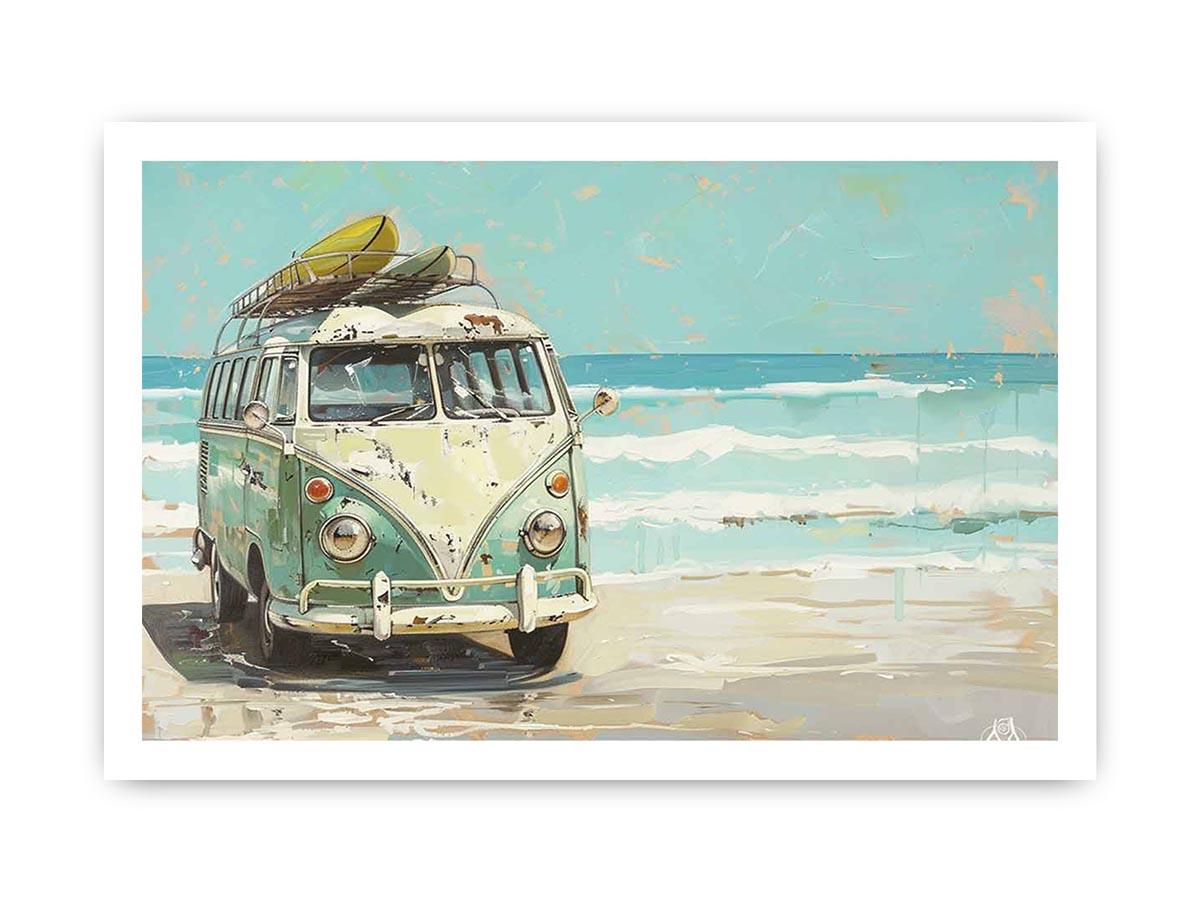 Vintage mint green camper van with a surfboard on its roof beside turquoise ocean waves, painted in a retro coastal style.