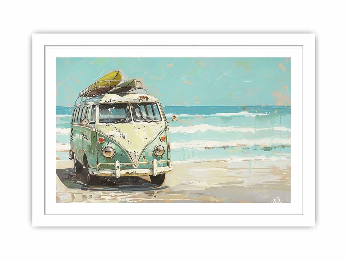 Vintage mint green camper van with a surfboard on its roof beside turquoise ocean waves, painted in a retro coastal style.