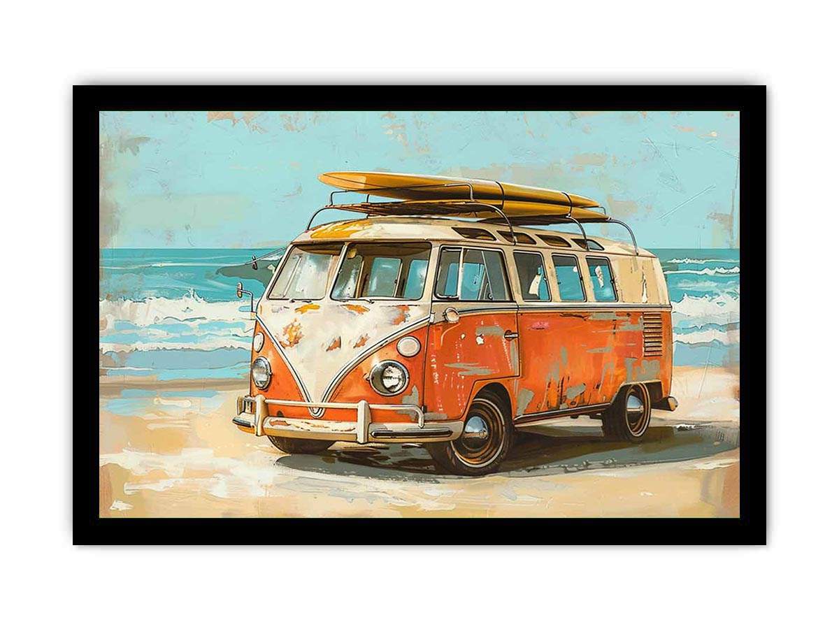 Vintage orange and cream camper van with a yellow surfboard on its roof beside turquoise ocean waves in retro coastal style.