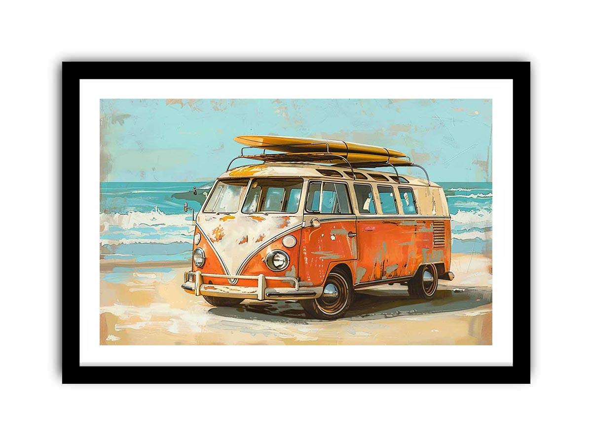 Vintage orange and cream camper van with a yellow surfboard on its roof beside turquoise ocean waves in retro coastal style.