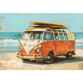 Vintage orange and cream camper van with a yellow surfboard on its roof beside turquoise ocean waves in retro coastal style.