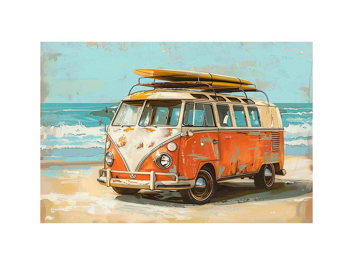 Vintage orange and cream camper van with a yellow surfboard on its roof beside turquoise ocean waves in retro coastal style.