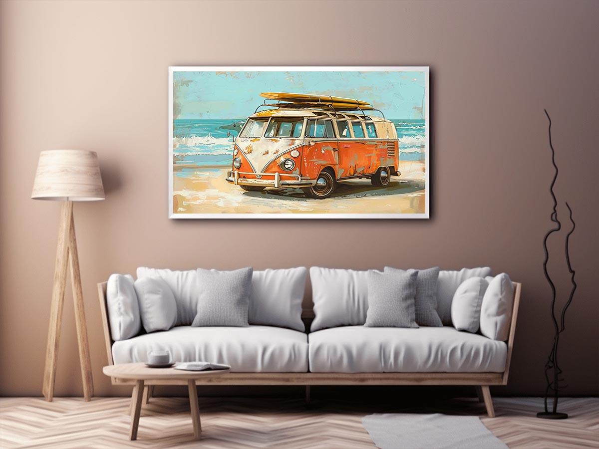 Vintage orange and cream camper van with a yellow surfboard on its roof beside turquoise ocean waves in retro coastal style.
