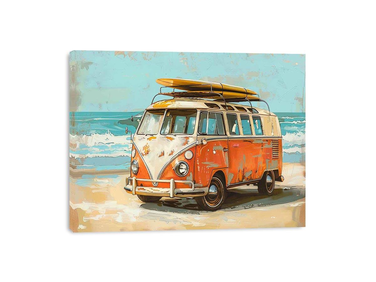 Vintage orange and cream camper van with a yellow surfboard on its roof beside turquoise ocean waves in retro coastal style.