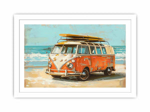 Vintage orange and cream camper van with a yellow surfboard on its roof beside turquoise ocean waves in retro coastal style.