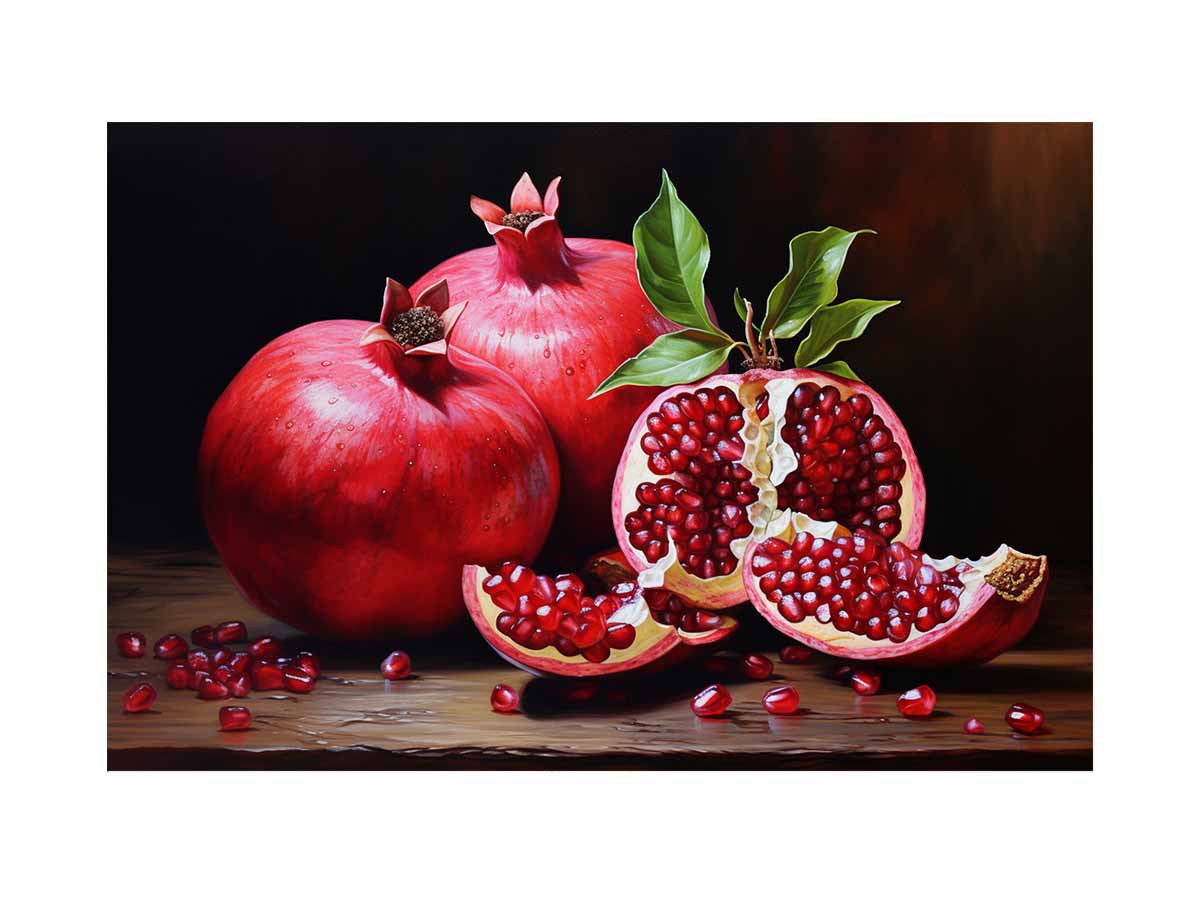 Pomegranate still life canvas art for dining room or kitchen decor.