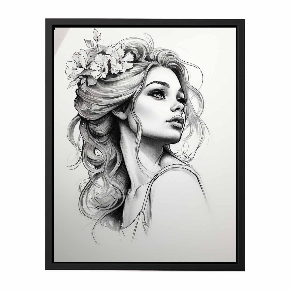 Blooming Muse fashion portrait drawing canvas art for bedroom or dressing area decor.