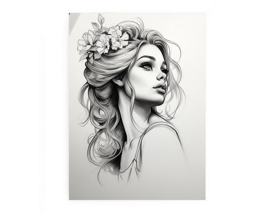 Blooming Muse fashion portrait drawing canvas art for bedroom or dressing area decor.