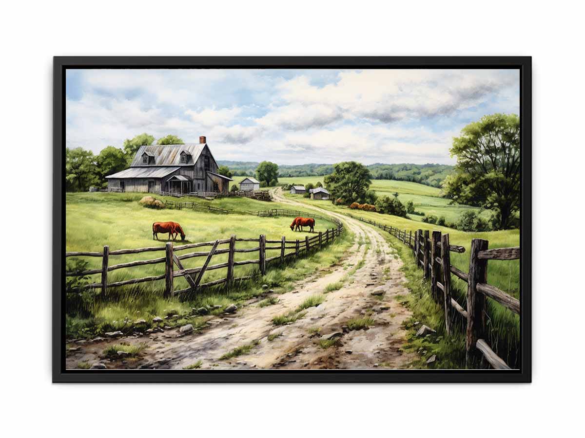 Pasture Road farmhouse watercolor canvas art for country living room or hallway decor.