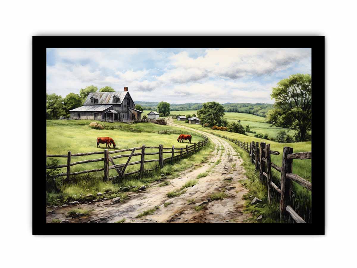Pasture Road farmhouse watercolor canvas art for country living room or hallway decor.