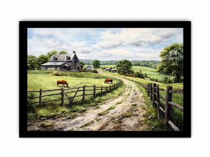 Pasture Road farmhouse watercolor canvas art for country living room or hallway decor.