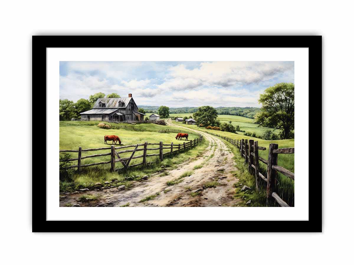 Pasture Road farmhouse watercolor canvas art for country living room or hallway decor.