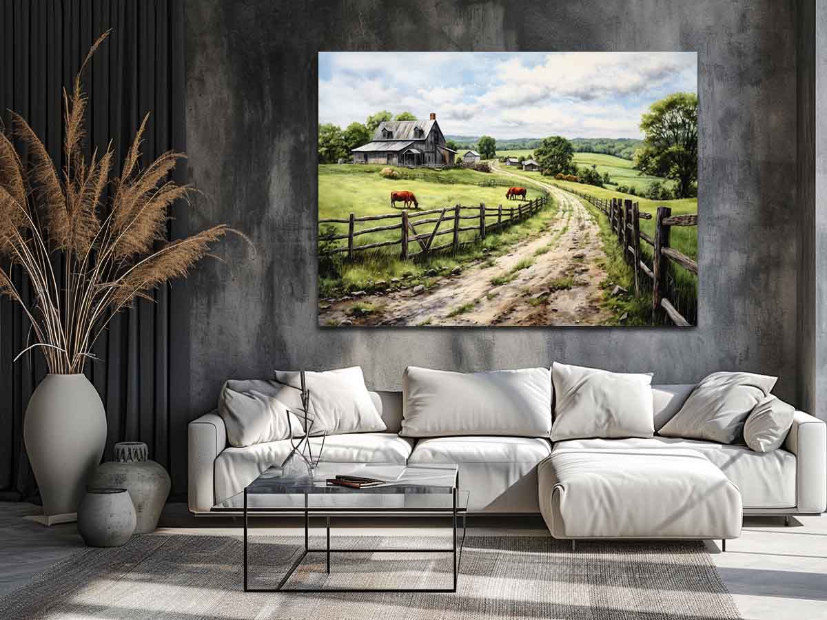 Pasture Road farmhouse watercolor canvas art for country living room or hallway decor.