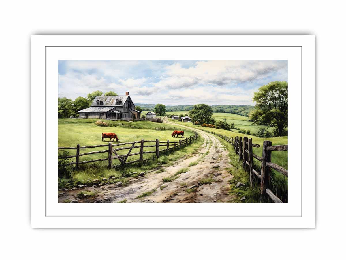 Pasture Road farmhouse watercolor canvas art for country living room or hallway decor.