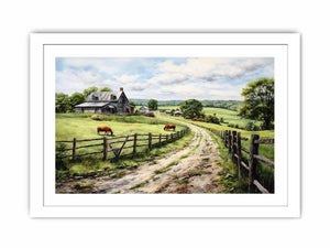 Pasture Road farmhouse watercolor canvas art for country living room or hallway decor.