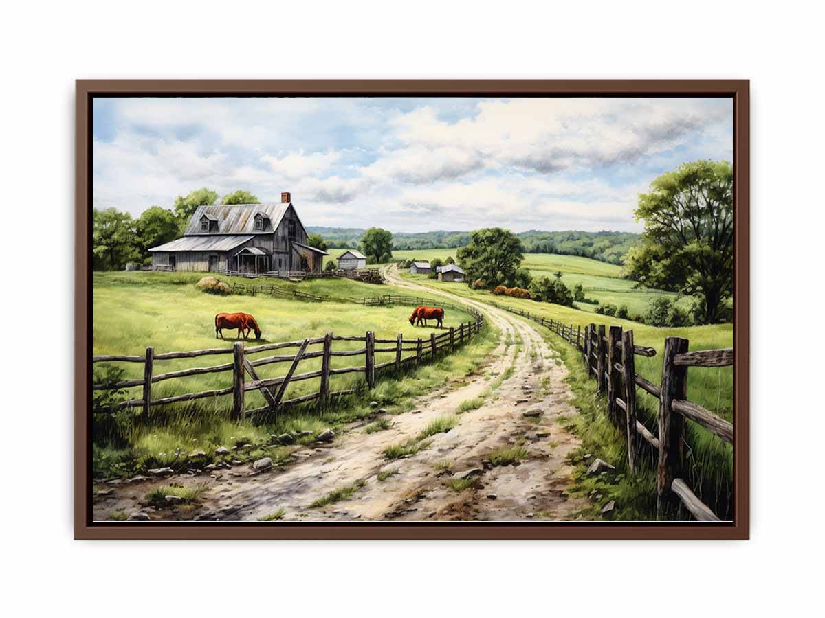 Pasture Road farmhouse watercolor canvas art for country living room or hallway decor.