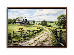 Pasture Road farmhouse watercolor canvas art for country living room or hallway decor.