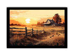 Golden Homestead rustic landscape illustration canvas art for farmhouse living room or dining space decor.
