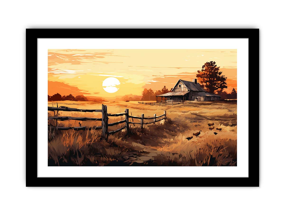 Golden Homestead rustic landscape illustration canvas art for farmhouse living room or dining space decor.