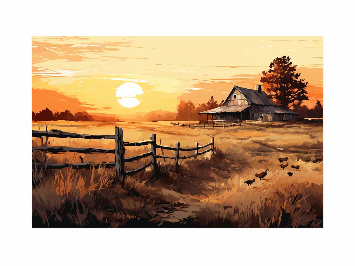 Golden Homestead rustic landscape illustration canvas art for farmhouse living room or dining space decor.