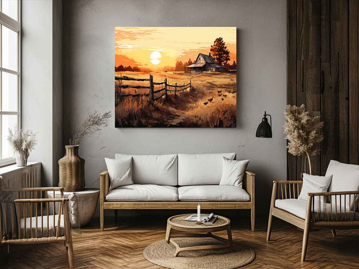 Golden Homestead rustic landscape illustration canvas art for farmhouse living room or dining space decor.