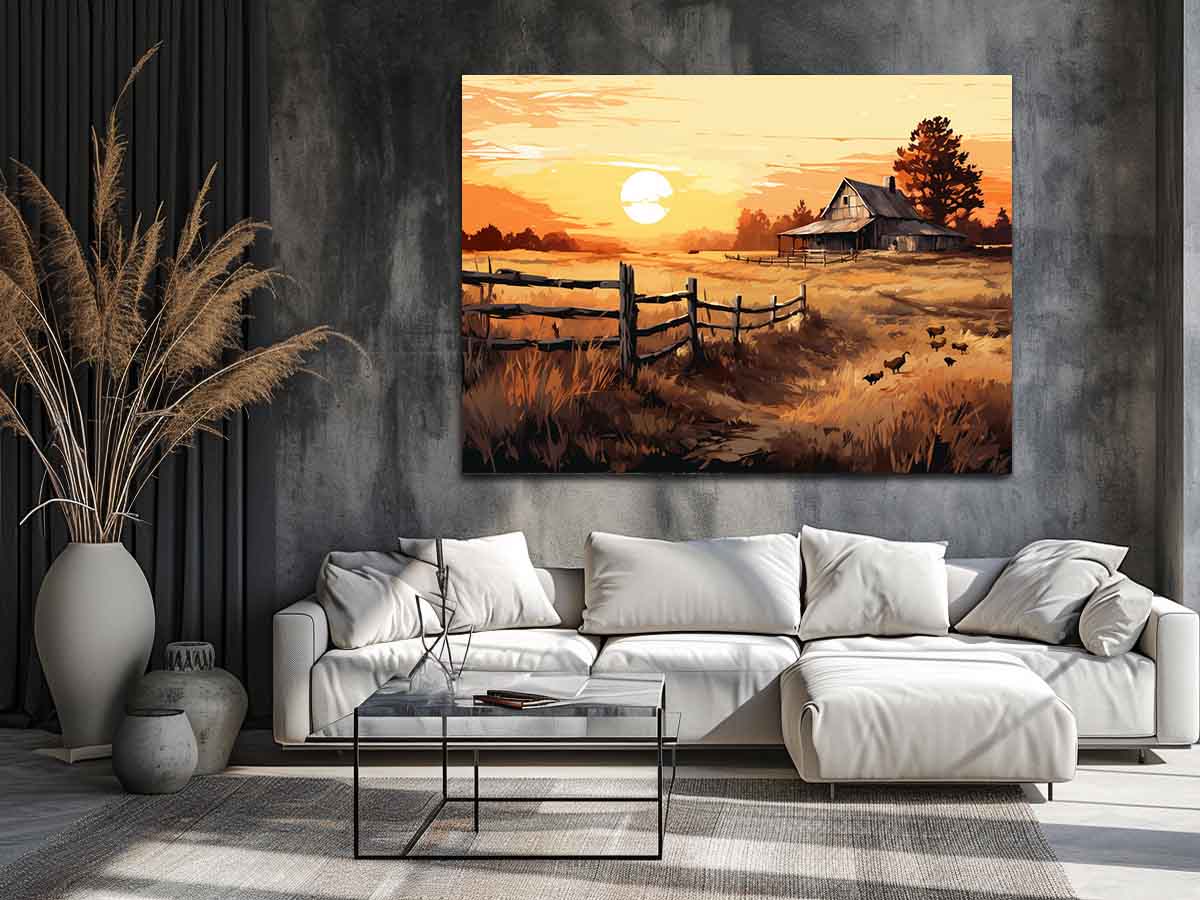 Golden Homestead rustic landscape illustration canvas art for farmhouse living room or dining space decor.