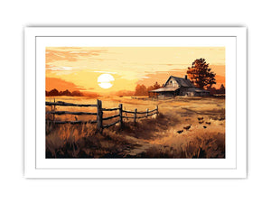Golden Homestead rustic landscape illustration canvas art for farmhouse living room or dining space decor.
