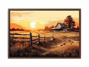Golden Homestead rustic landscape illustration canvas art for farmhouse living room or dining space decor.