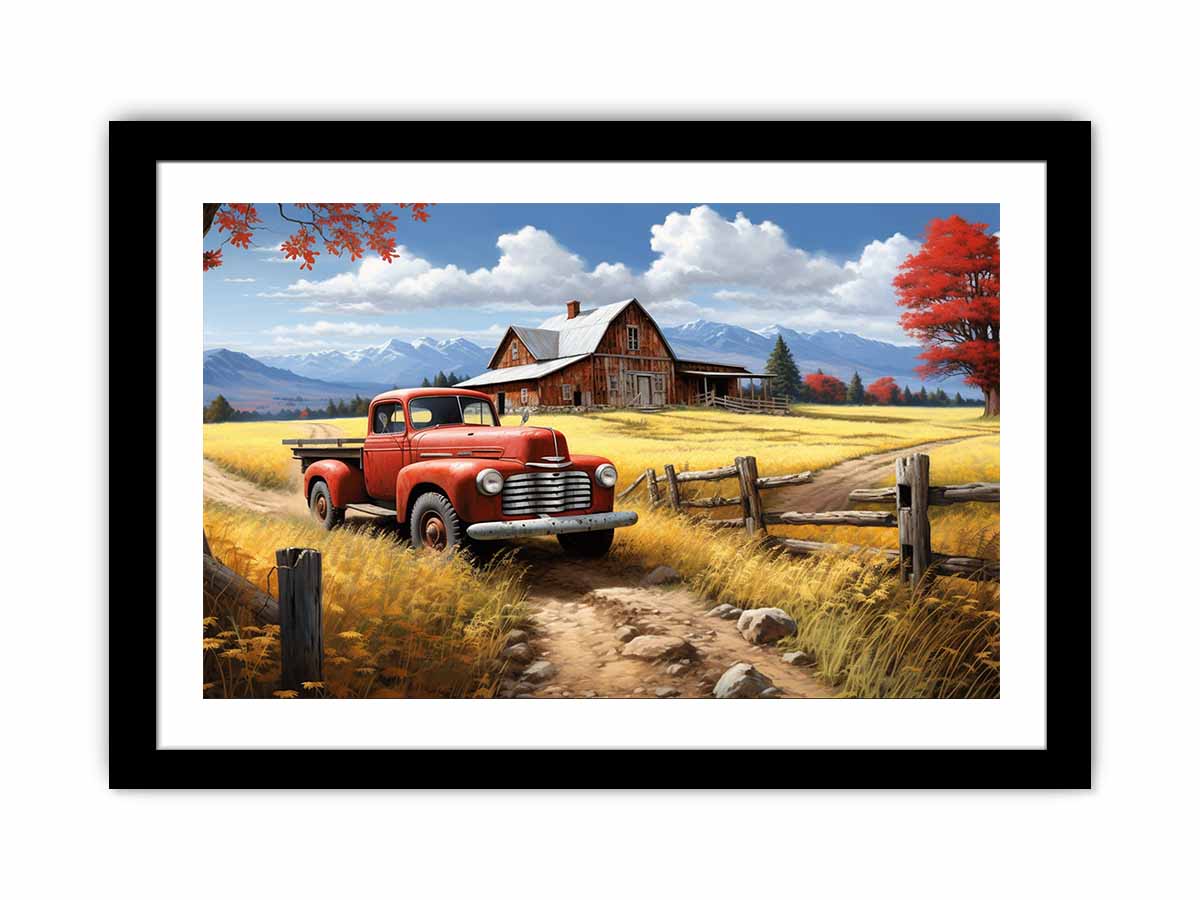 Rustic red truck farmhouse canvas art for warm living room decor.