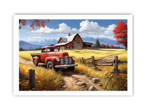 Rustic red truck farmhouse canvas art for warm living room decor.