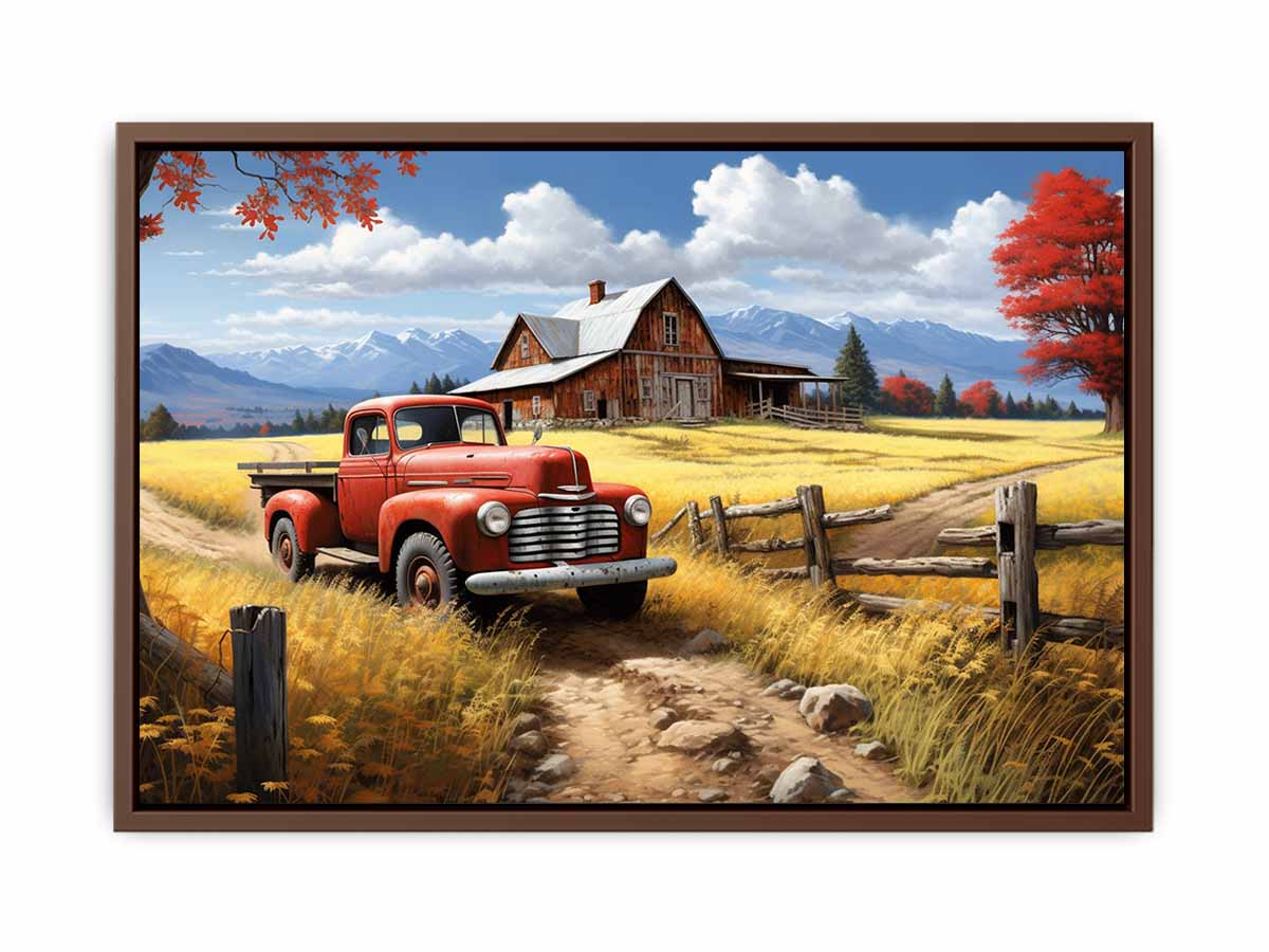 Rustic red truck farmhouse canvas art for warm living room decor.