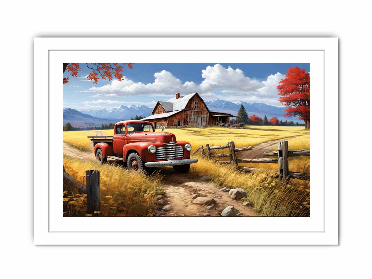 Rustic red truck farmhouse canvas art for warm living room decor.