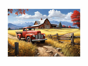 Rustic red truck farmhouse canvas art for warm living room decor.