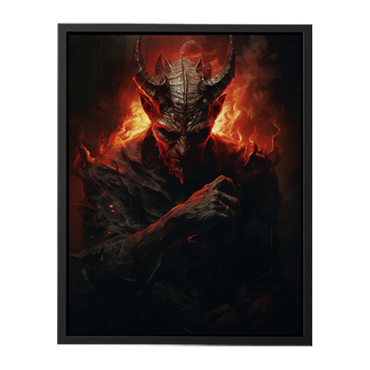 Dark fantasy demon wall art with red fire lighting for gothic decor.