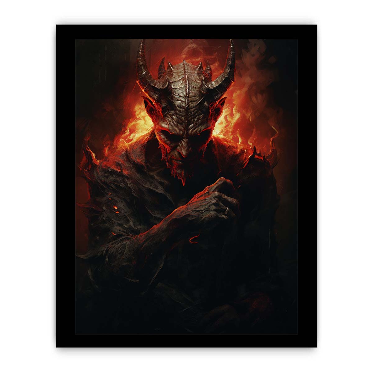 Dark fantasy demon wall art with red fire lighting for gothic decor.