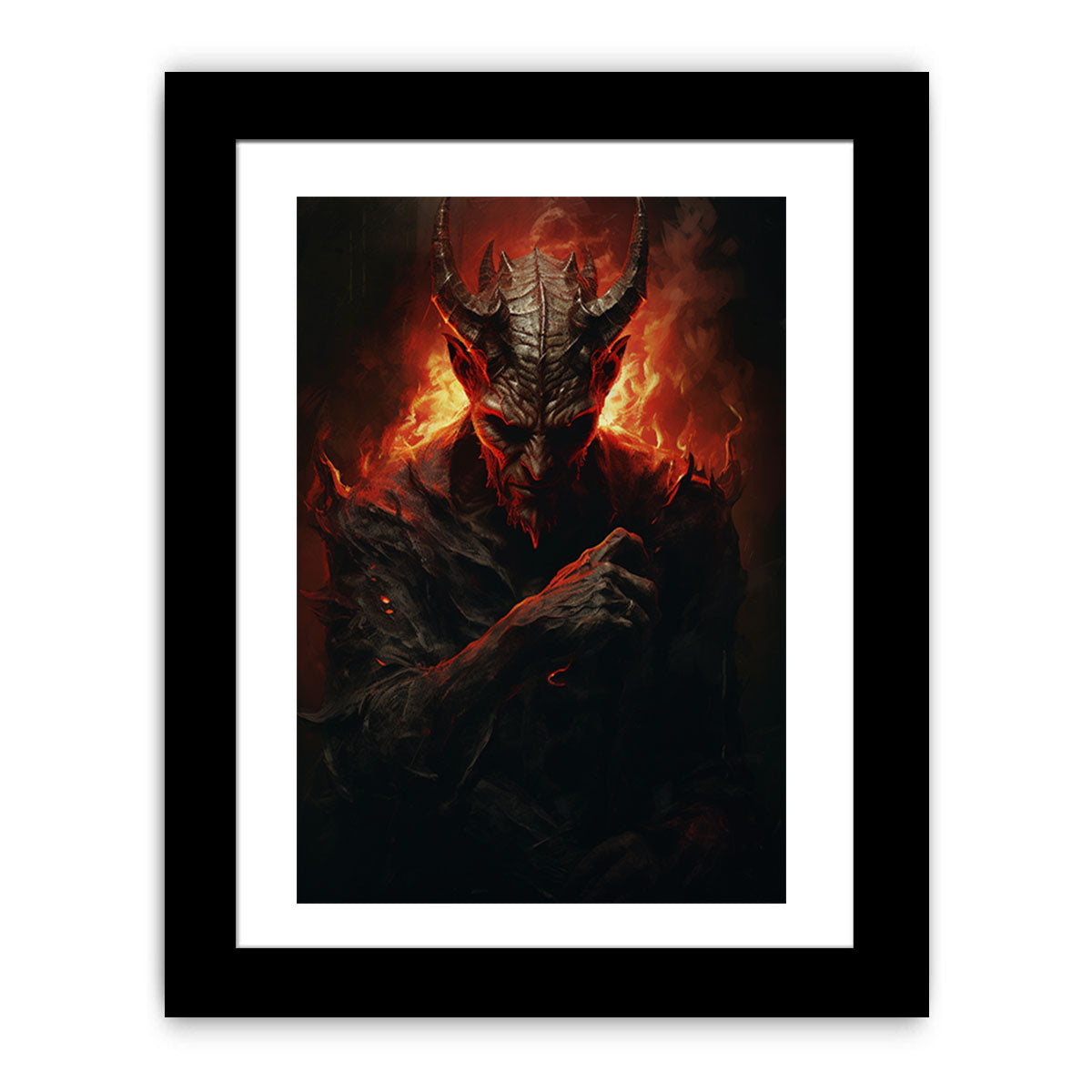 Dark fantasy demon wall art with red fire lighting for gothic decor.