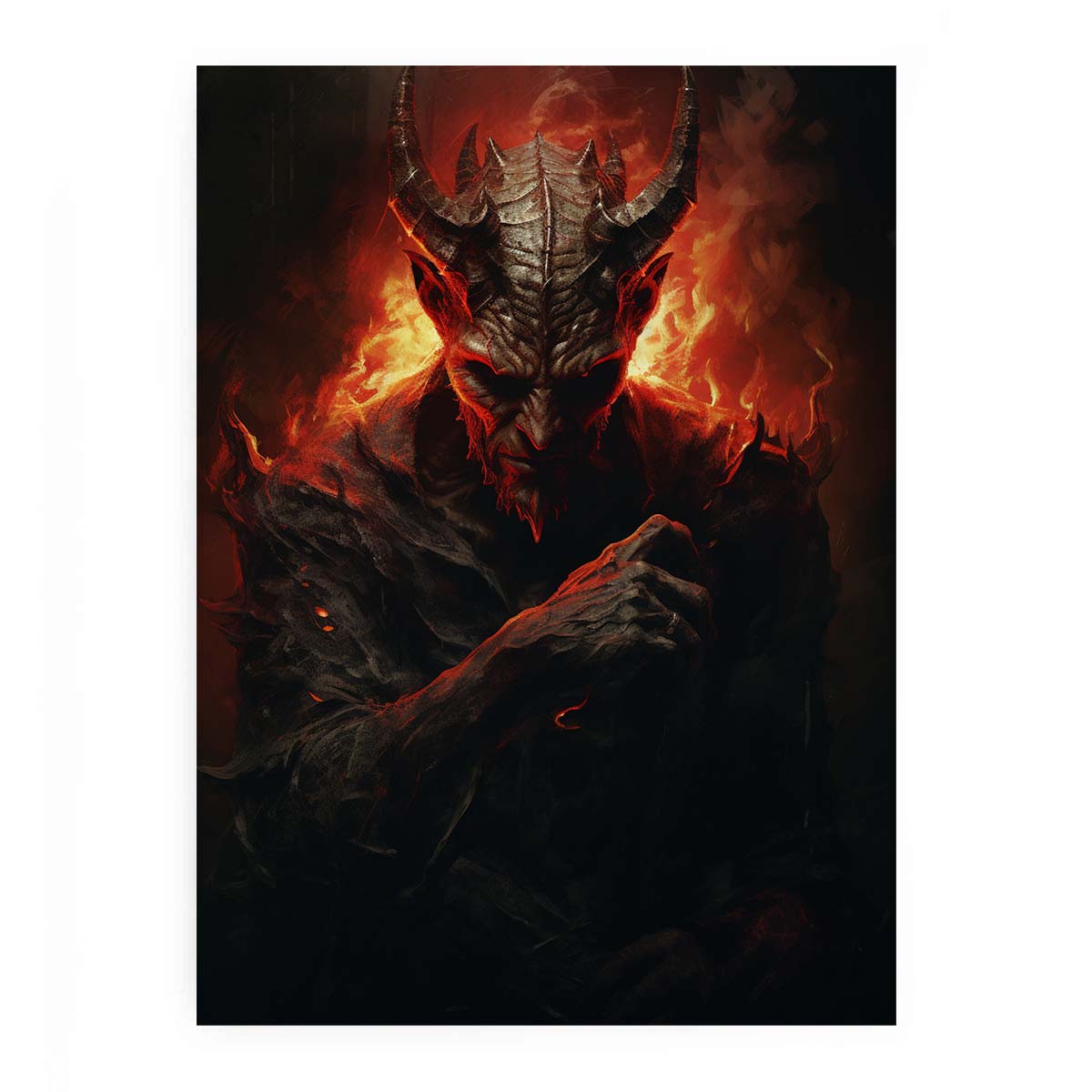Dark fantasy demon wall art with red fire lighting for gothic decor.