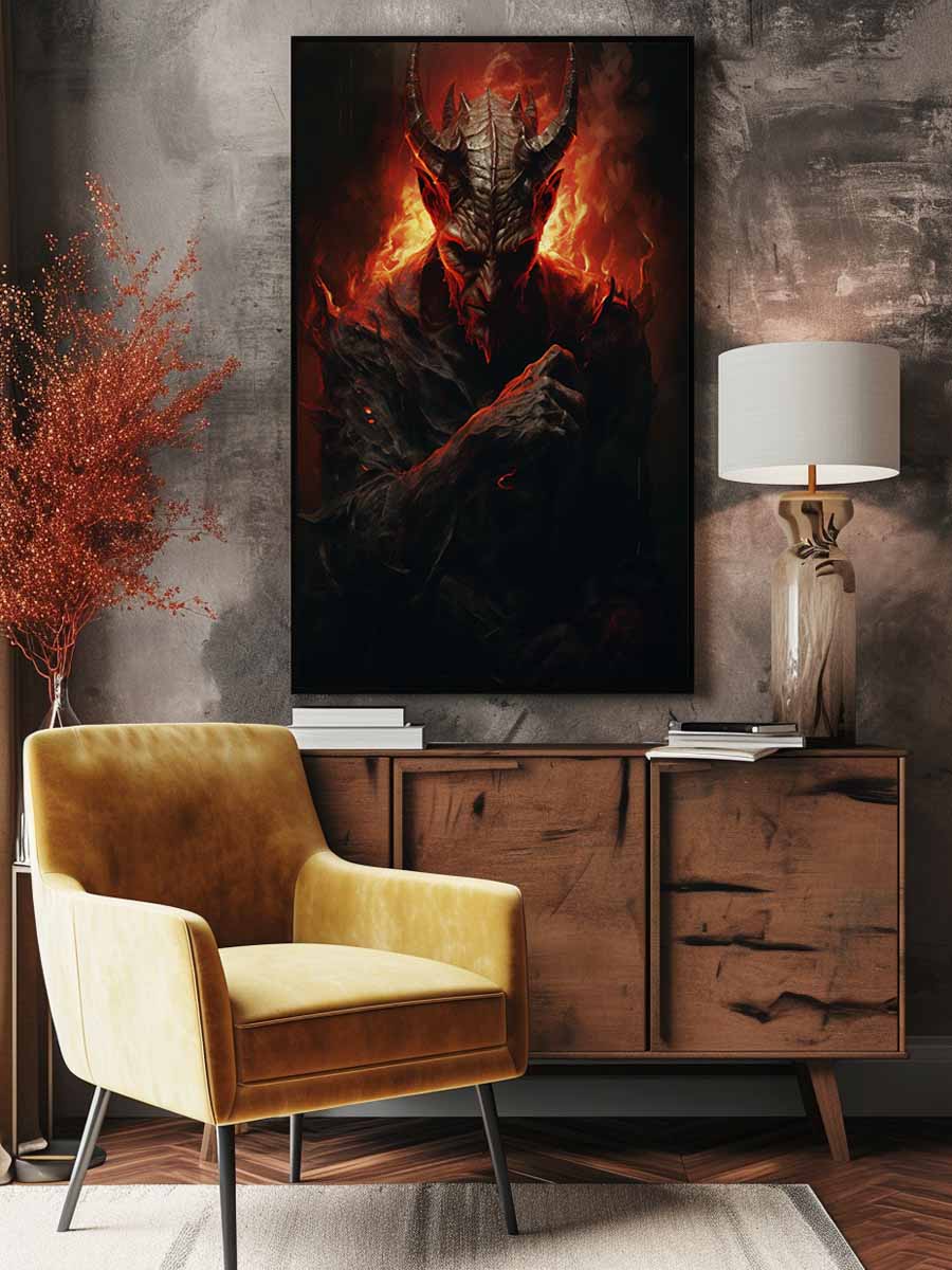 Dark fantasy demon wall art with red fire lighting for gothic decor.