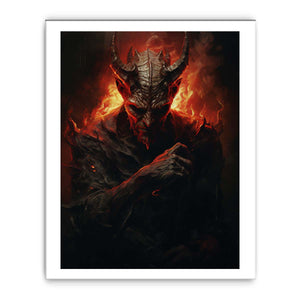 Dark fantasy demon wall art with red fire lighting for gothic decor.