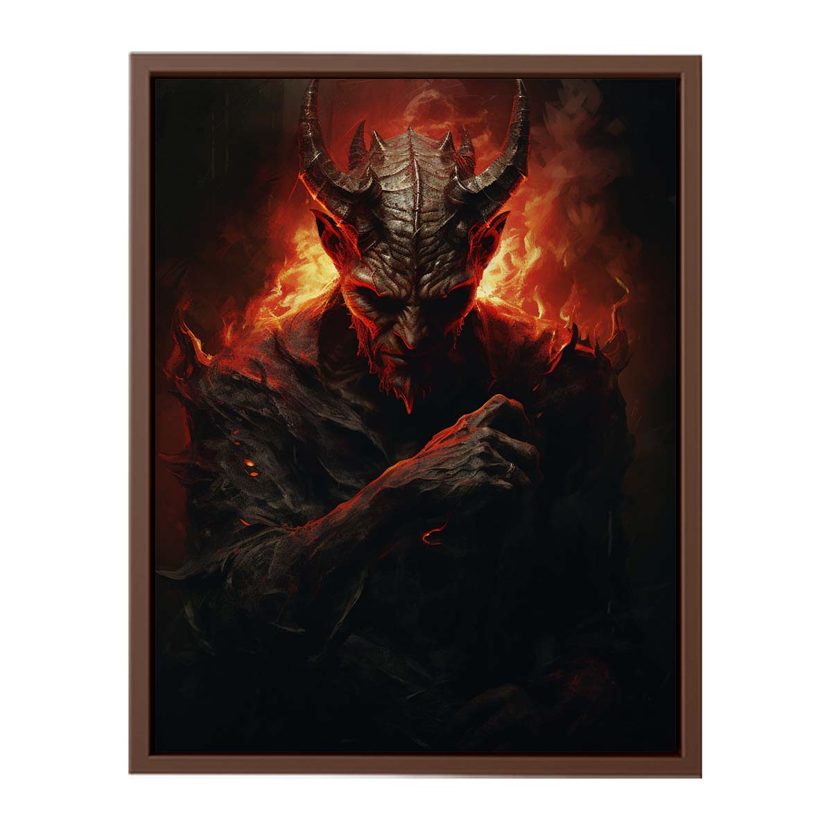 Dark fantasy demon wall art with red fire lighting for gothic decor.