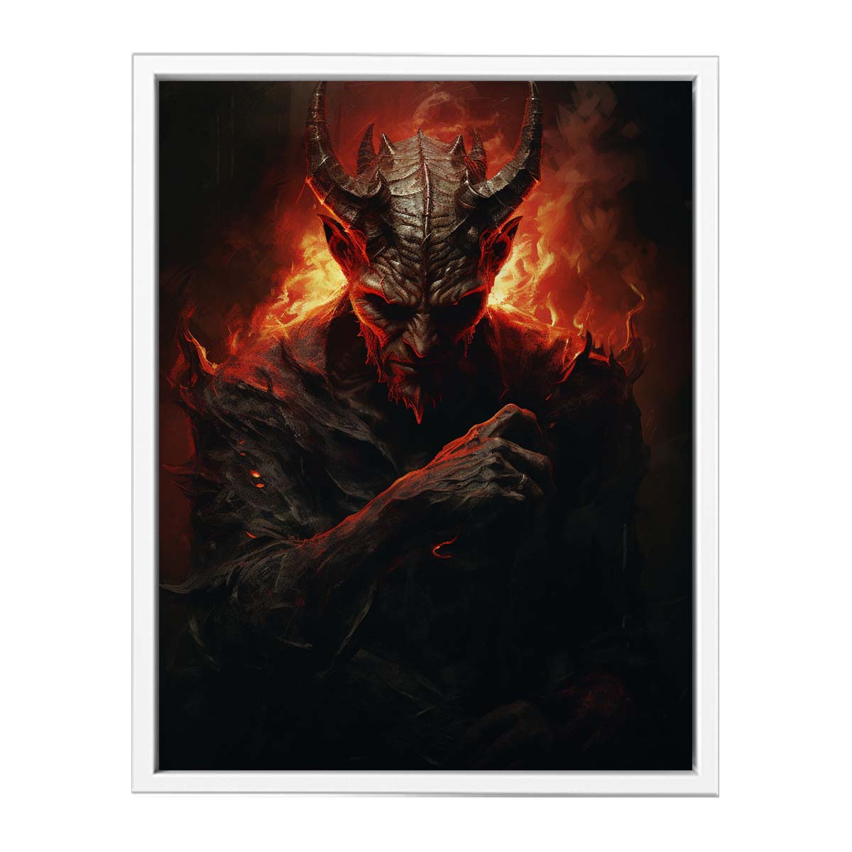 Dark fantasy demon wall art with red fire lighting for gothic decor.