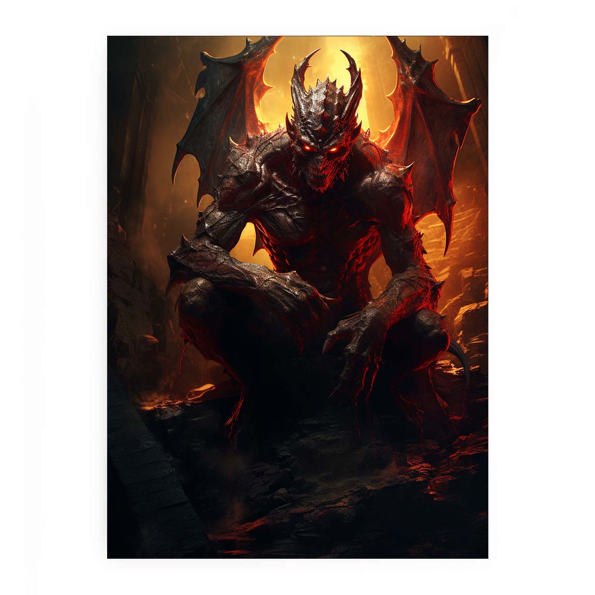 Winged demon canvas print with fiery red glow for gothic room decor.