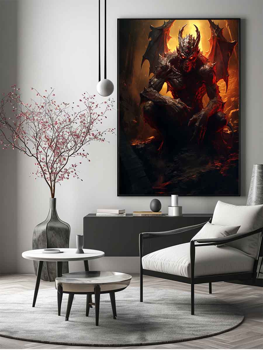 Winged demon canvas print with fiery red glow for gothic room decor.