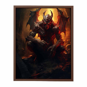 Winged demon canvas print with fiery red glow for gothic room decor.