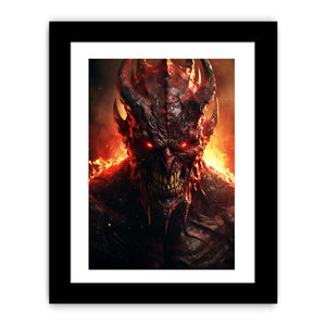 Fiery demon portrait wall art with glowing red eyes for dark decor.