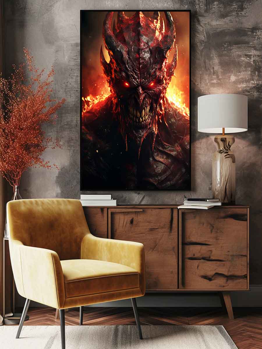 Fiery demon portrait wall art with glowing red eyes for dark decor.