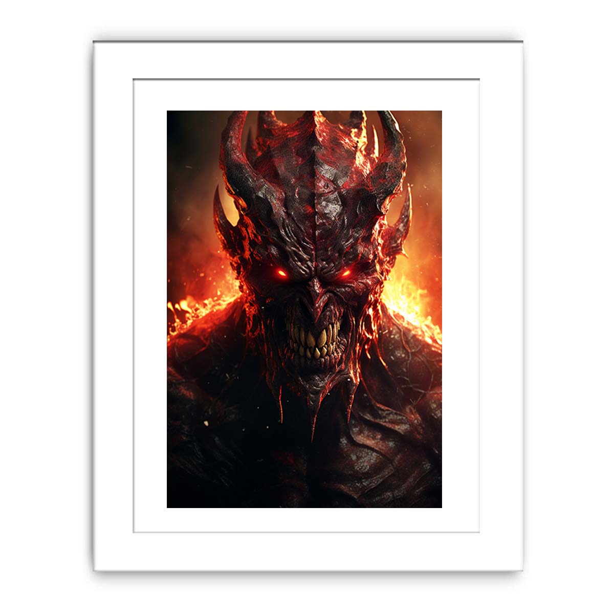 Fiery demon portrait wall art with glowing red eyes for dark decor.